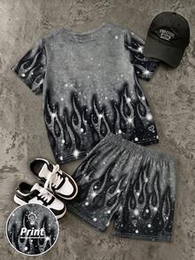 Boys' Summer Fashion New Dark Grey Flame Rhinestone Print Short Sleeve + Shorts Set, Suitable For Spring And Summer Wear - Multicolor - View 2
