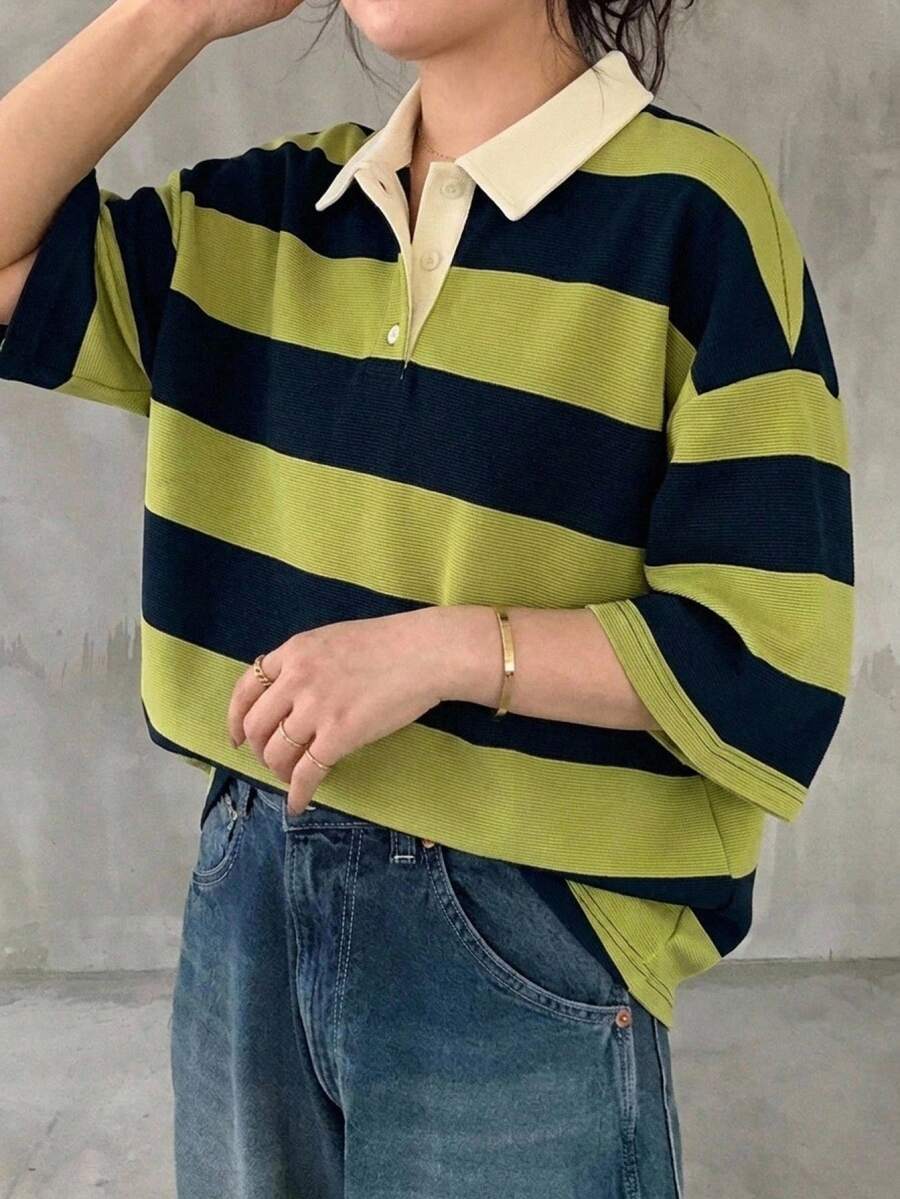 Livesso 女款大尺碼拼色拼接寬鬆條紋 Polo 領中袖休閒夏季 T-shirt - Limelight Green - 查看 1