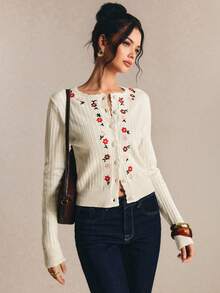 Poéselle Autumn Casual Ditsy Floral Embroidered Cardigan,An Elegant French-Style Cardigan- Versatile Choice For Dates And Outings,Autumn - White - View 8