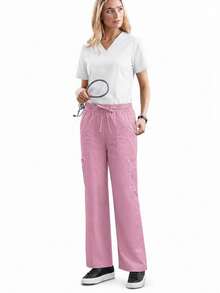 TaskEZ Pink 8-Pocket Convenient Straight Leg Minimalist Elegant Scrub Pants - Pink - View 8