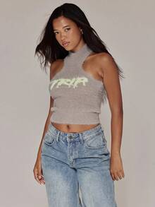 MUSERA Grey Knit Graphic Fluffy High Kneck Top - Apricot - View 1