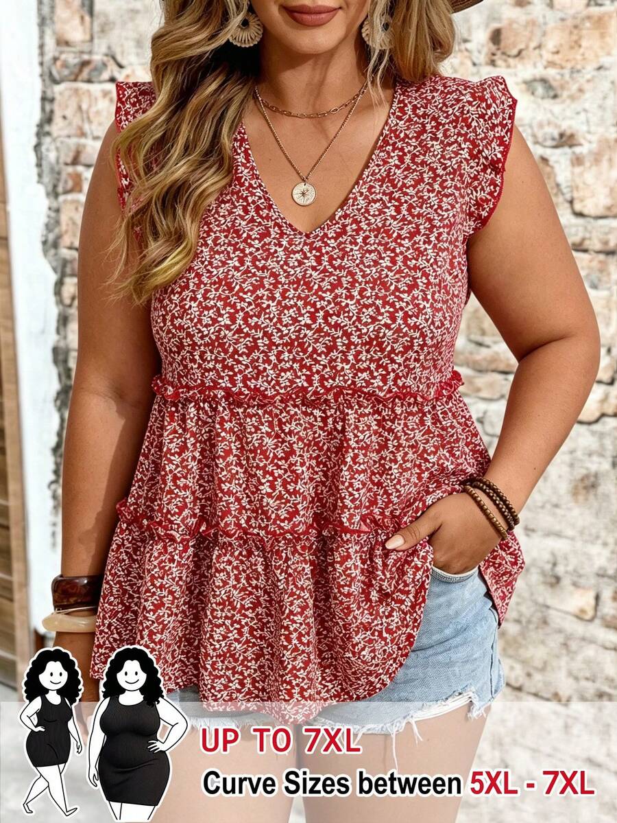 SHEIN CURVE+ Plus Size Woven Floral V-Neck Flutter Sleeve Ruffle Trim Elegant Boho Bohemian Casual 1960s Blouse Vacation Summer Red And White Brunch - Red - View 1