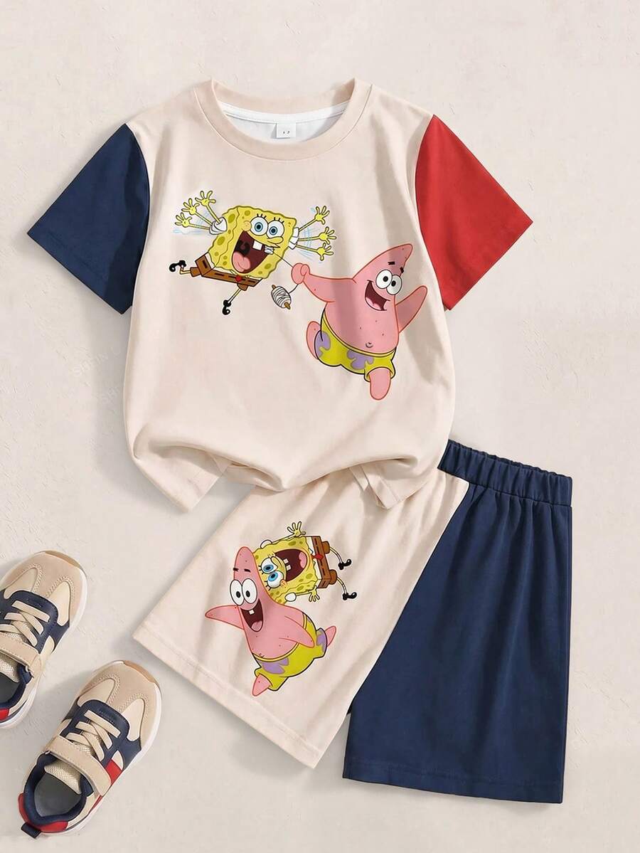 SpongeBob SquarePants | SHEIN Cartoon Print T-Shirt Set For Young Boys - White - View 1