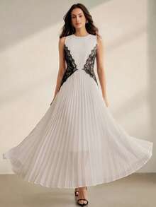 Anewsta Women's New Elegant Round Neck Sleeveless Contrast Lace Sundress, Slimming Design Suitable For Wedding, Party Dinner Bar Events White And Black Summer - White - View 6