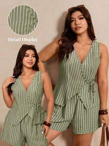 Elaquor Plus Size 2-Piece Set, V-Neck Sleeveless Sage Green Shirt, Elegant Boho Casual Office Vacation Outfit, Shorts Tie-Up Business Commuter Suit Summer - Green - View 1