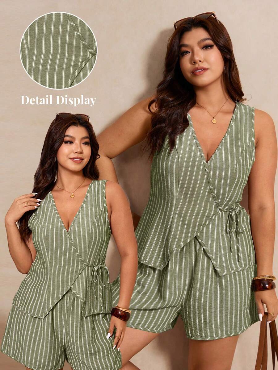 Elaquor Plus Size 2-Piece Set, V-Neck Sleeveless Sage Green Shirt, Elegant Boho Casual Office Vacation Outfit, Shorts Tie-Up Business Commuter Suit Summer - Green - View 1