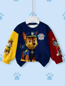 SHEIN | PAW Patrol 年轻男孩休闲时尚街头卡通狗与字母图案撞色落肩宽松羊毛卫衣，秋冬 - 白色 - 查看 1