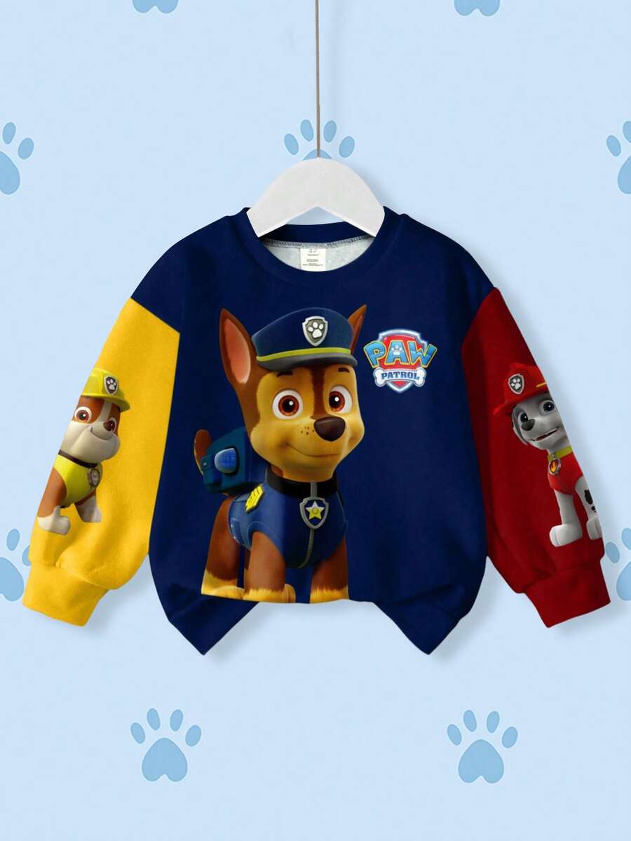SHEIN | PAW Patrol 年轻男孩休闲时尚街头卡通狗与字母图案撞色落肩宽松羊毛卫衣,秋冬 - 白色 - 查看 1