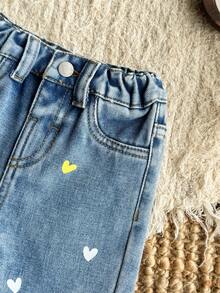 SHEIN LMoss Kids 女嬰秋冬彩色愛心圖案藍色丹寧刷毛內裡寬鬆錐形長褲 - 中等水洗藍 - 查看 5