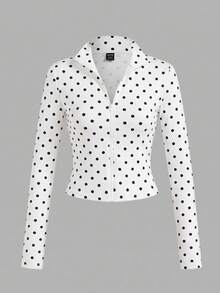 SHEIN EZwear 2件裝波點黑白針織拉鍊長袖女款T恤，秋季上衣，適合日常通勤、約會、聚會，適用秋冬夏季、聖誕節、新年、時尚優雅休閒、外出、約會、通勤、亮眼、情人節、度假、Y2K、畢業典禮等場合 - 彩色 - 查看 9