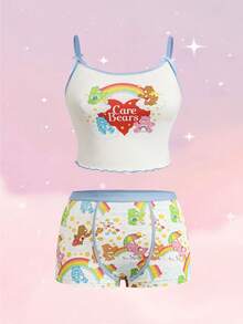 SHEIN X Care Bears Set Bra Kamisol Wanita Ukuran Besar dengan Hiasan Pita - Blue and White - View 1