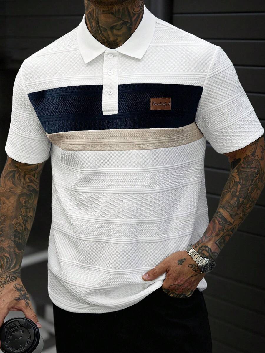 Manfinity Homme 男士夏季休閒拼色拼接短袖 Polo 衫 - 白色 - 查看 1