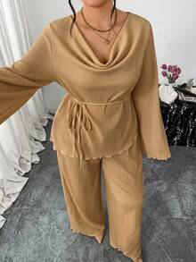 Firerie 大尺碼女款2件套 春/秋休閒傳統優雅度假居家服 披肩領喇叭袖長袖T恤上衣＋直筒長褲 駱駝色 - 卡其色 - 查看 4
