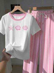Comfortcana Setelan Kasual Liburan 2 Potong: Kaos Leher Bulat Warna Pink Motif Kerang dan Celana Panjang Garis Vertikal Asimetris, Pakaian Rumahan Cocok untuk Musim Semi dan Musim Panas - MultiWarna - View 5