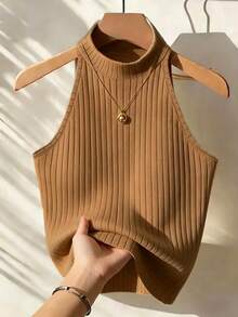 Franclia Women's Solid Color Turtleneck Sleeveless Minimalist Design Ribbed Tank Top - Khaki - View 1