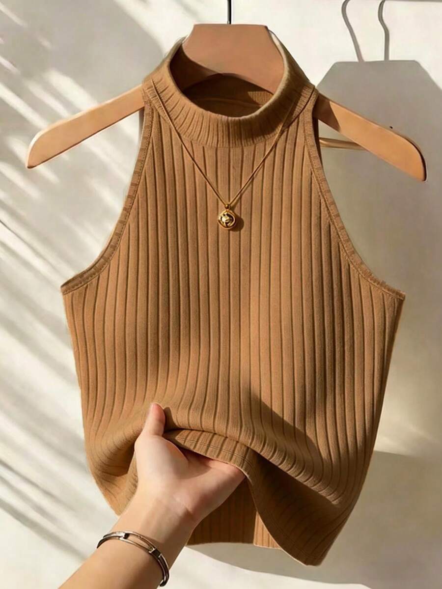 Franclia Women's Solid Color Turtleneck Sleeveless Minimalist Design Ribbed Tank Top - Khaki - View 1