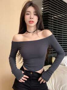 DAZY 女款方領修身T恤，性感風格 - 灰色 - 查看 2