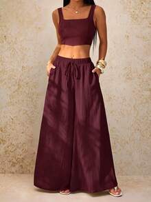 SHEIN PETITE New Spring/Summer Vacation Casual Fishbone Strap Top And Wide Leg Long Pants With Pockets 2 Pieces Set Textured Fabric Outfit - B - Burgundy - View 3