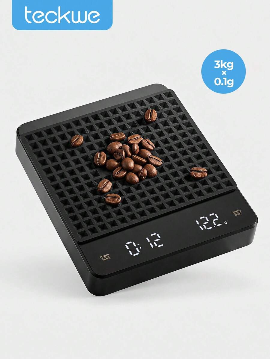 Teckwe Rechargeable Coffee Scale With Timer, High Precision 0.1g (0.3g–3kg) Kitchen Food Scale With Tare Function, Gram/Ounce Conversion, Perfect For Pour-Over, Drip & Espresso Coffee, For Household & Cafe Use - Black - View 1