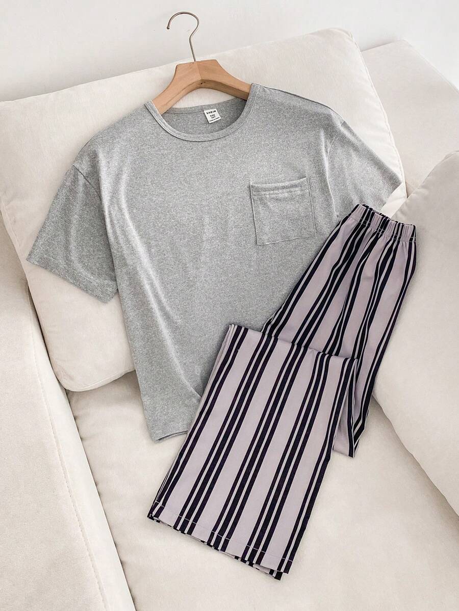SHEIN 男童 2 件套居家服,灰色紫色圓領羅紋短袖上衣搭配條紋梭織長褲,夏季休閒柔軟舒適 - 灰色 - 查看 1