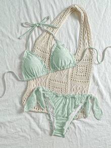 Vivid Eden Set Pakaian Renang Bikini Seksi Wanita Musim Panas untuk Pantai, Warna Polos, dengan Hiasan Ruffle dan Tali Leher. - Hijau - View 3