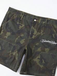 ROMWE MEN Men's Plus Size Letter Pattern Camouflage Casual Everyday Denim Shorts - Army Green - View 7