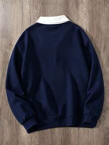 Manfinity Joysei Sudadera de cuello con botones y estampado de letras en colores contrastantes para hombre - Azul Marino - Ver 2