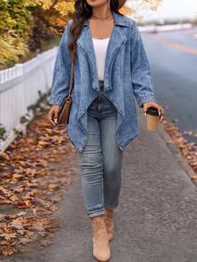 EMERY ROSE EMERY ROSE ملابس علوية جينز فضفاضة للنساء بمقاسات كبيرة مع ياقة وياقة وأزرار أمامية - الأزرق - مشاهدة 4