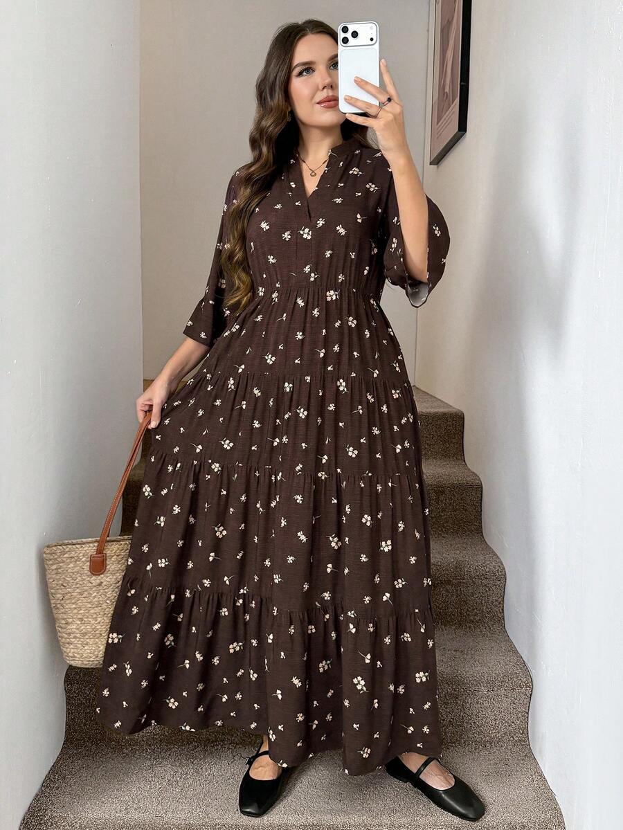 SHEIN LUNE 大尺碼女款小碎花V領七分袖荷葉邊下擺洋裝 - 咖啡棕 - 查看 1