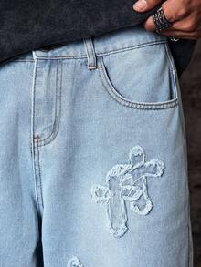 Skyrend Celana Pendek Denim Pria Manfinity Streetrush Washed Distressed Jorts Gaya Gothic Punk Streetwear untuk Emo Boy - Light Wash - View 7