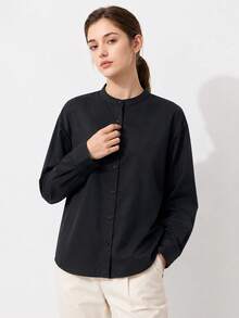 SHEIN BASICS Women's Solid Color Casual All-Match Minimalist Professional Versatile Daily Long Sleeve Shirt Teachers' Day Office Black Autumn - Black - View 4