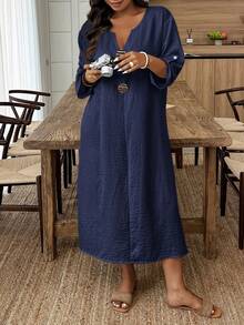 Breezaya Plus Size Casual Solid Color Dress Fall - Navy Blue - View 4