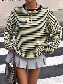 SHEIN EZwear Plus Size Autumn Casual Striped Drop Shoulder Loose Fit T-Shirt - Multicolor - View 1