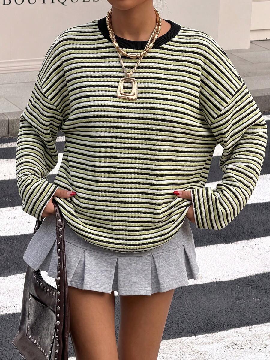 SHEIN EZwear Plus Size Autumn Casual Striped Drop Shoulder Loose Fit T-Shirt - Multicolor - View 1