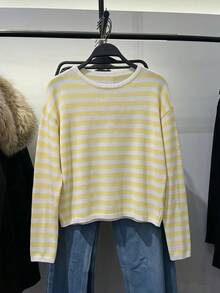 SHEIN 青少年女孩休閒條紋針織毛衣，簡約時尚，適合日常穿著，秋冬季 - 黃色 - 查看 1