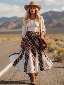 SHEIN LUNE Vintage Red Brown Plaid Contrast Lace Flowy Casual Daily Vacation Commute Date Wear Skirt - Red - View 2