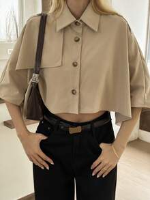 DAZY Women's Short Cape Trench Coat, Urban Casual Style Jacket Fall - Khaki - View 4