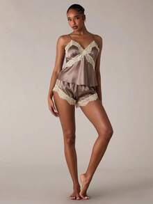 SHEIN BAE Women's Contrast Color Lace Patchwork Camisole & Shorts Pajama Set - Brown - View 3
