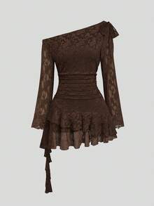 Sweetra Minimalist Sexy Sweet Asymmetrical Shoulder Lace Embroidered Early Autumn Long Sleeve Ruffle Date First Love Girl Ruched Short Dress Plus Size Women - Coffee Brown - View 3