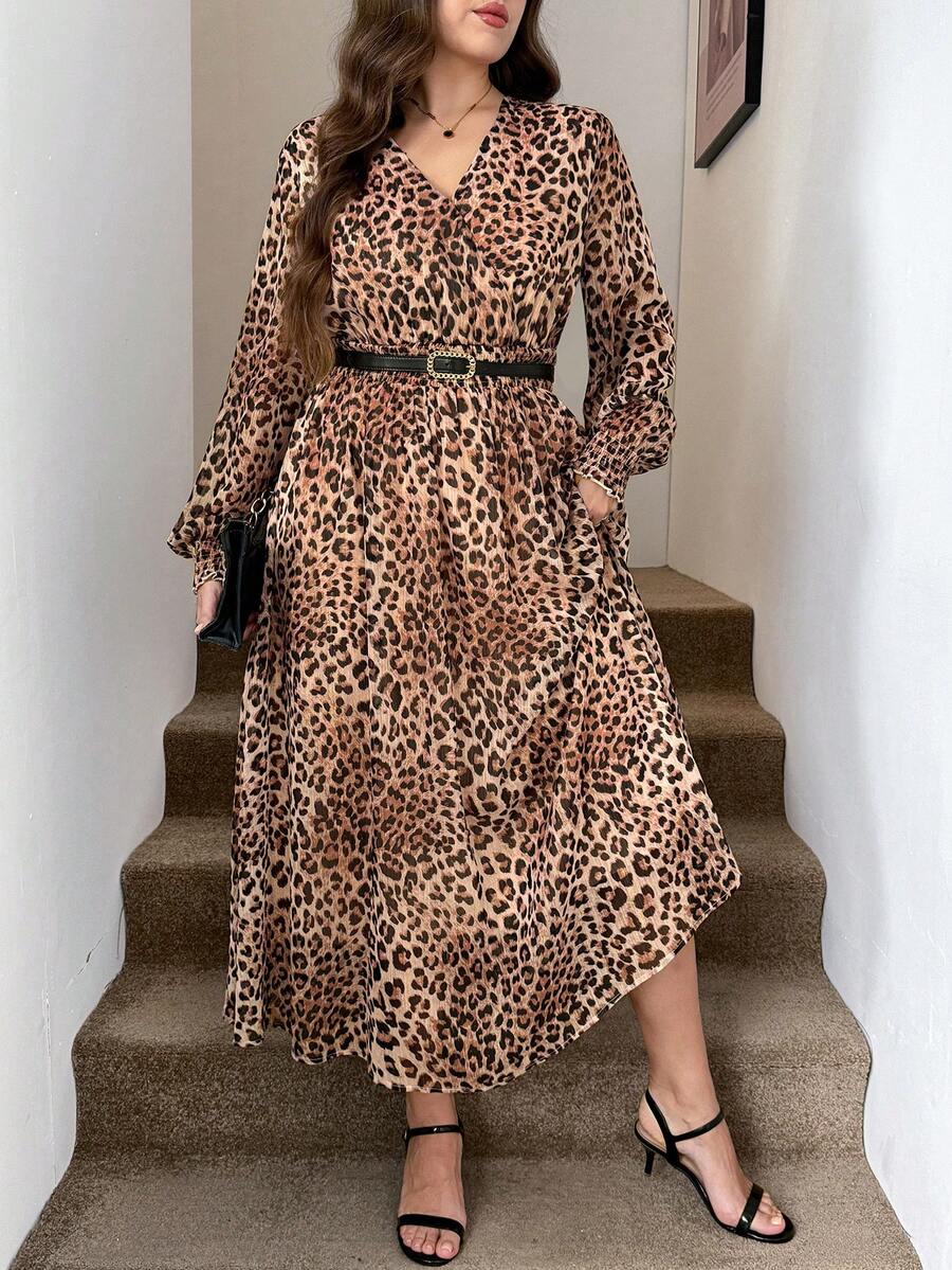 Easowa Curve Plus Size Women's Leopard Print V-Neck Pleated Casual Daily Wear Dress Fall - Multicolor - View 1