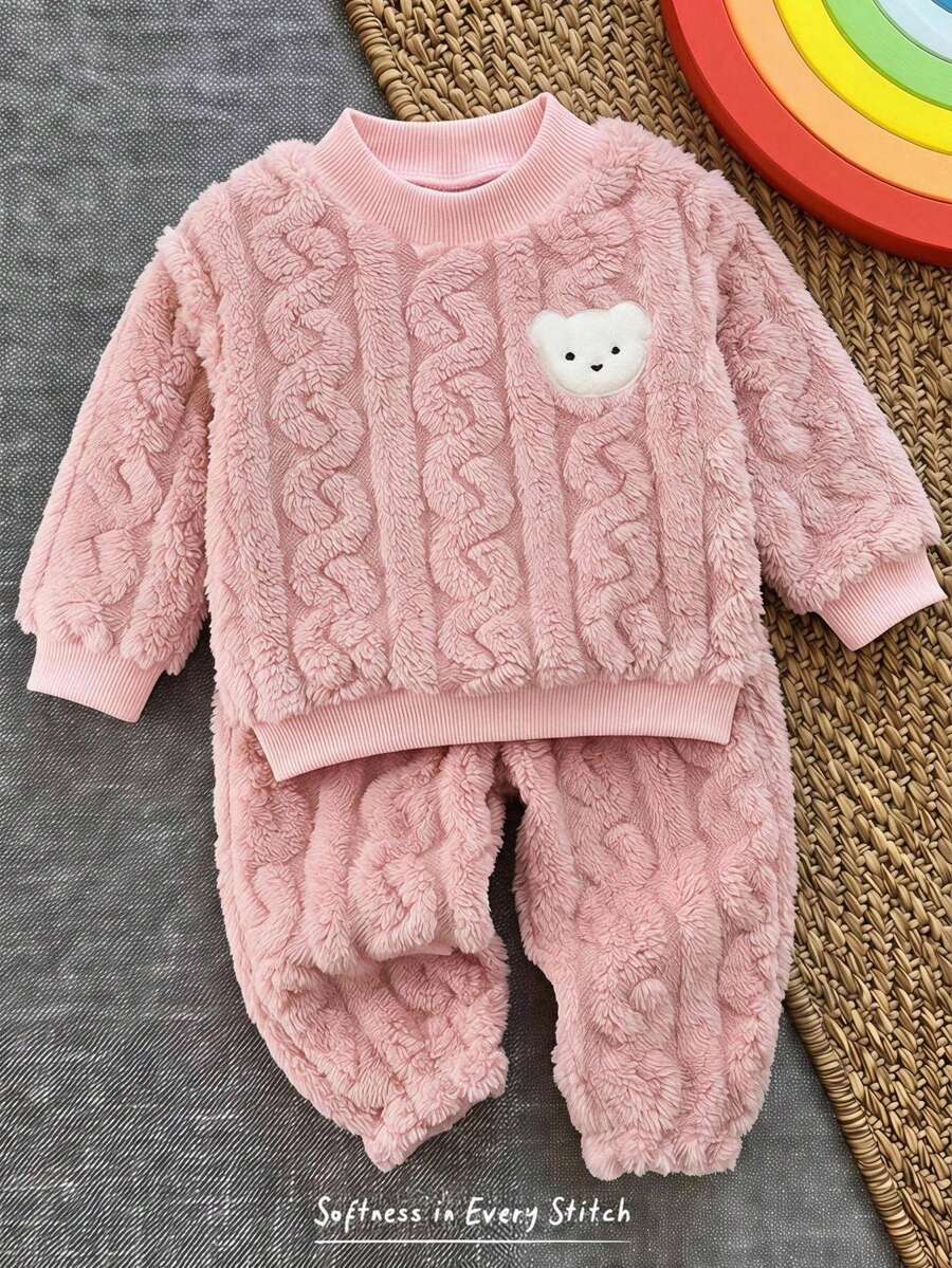 Cozy Pixies 女嬰卡通熊圖案保暖內裡加厚圓領長袖套頭上衣與鬆緊腰長褲2件套,舒適百搭時尚日常可愛熊圖案極簡基礎款,適合室內、戶外滑雪、日常、運動、玩耍、派對、攝影、假期、聖誕節,秋冬穿著 - 粉色 - 查看 1