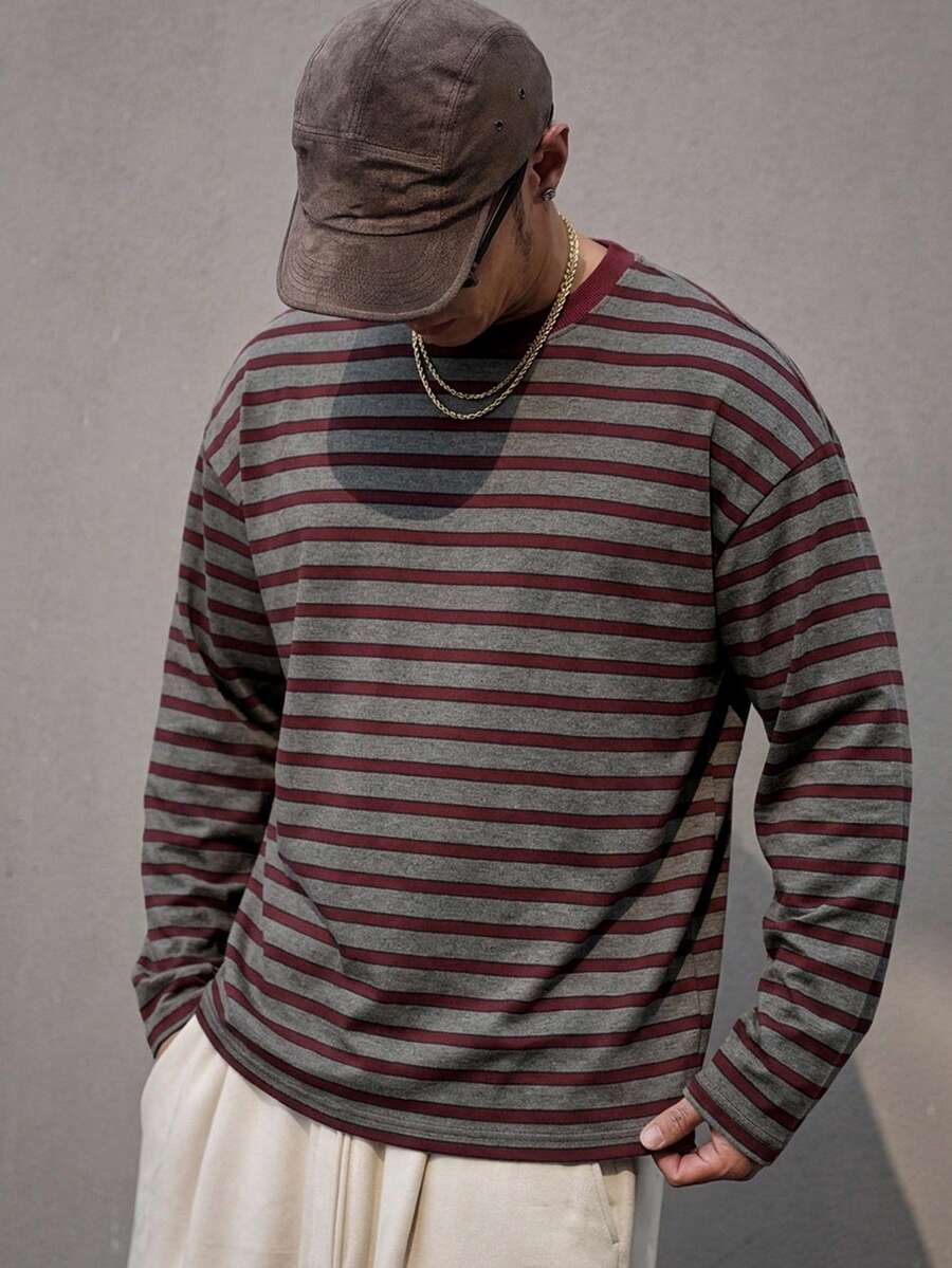 DAZY Spring/Autumn Dark Grey & Burgundy Striped Crew Neck Long Sleeve Multi-Color Men's T-Shirt - Burgundy - View 1