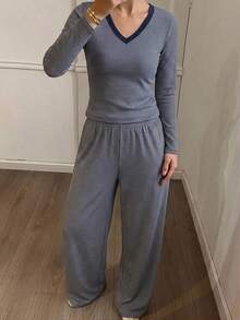 DAZY 條紋V領長袖T恤與直筒長款睡褲2件組女款居家服 - 藍色 - 查看 4