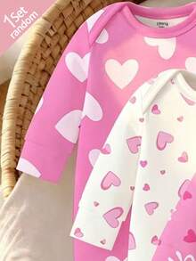 SHEIN [4件組/1套]粉色花卉愛心蝴蝶結印花嬰兒連身包屁衣，舒適面料，春夏款長袖爬行連身衣，居家服、睡衣，甜美可愛時尚極簡愛心粉色連身衣 - 彩色 - 查看 3