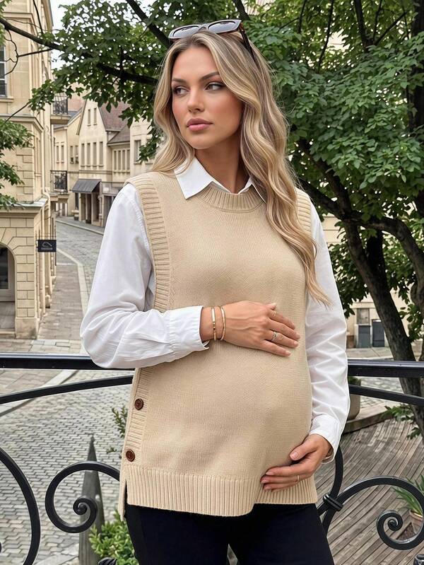 SHEIN Maternity Casual Comfortable Versatile Textured Button Round Neck Knit Vest,Autumn Outfit For Women