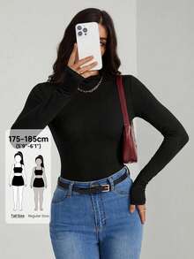 SHEIN Tall Women's Black Solid-Color Comfortable Knit Long-Sleeve Simple Pleated Fitted Jumpsuit - Black - View 1