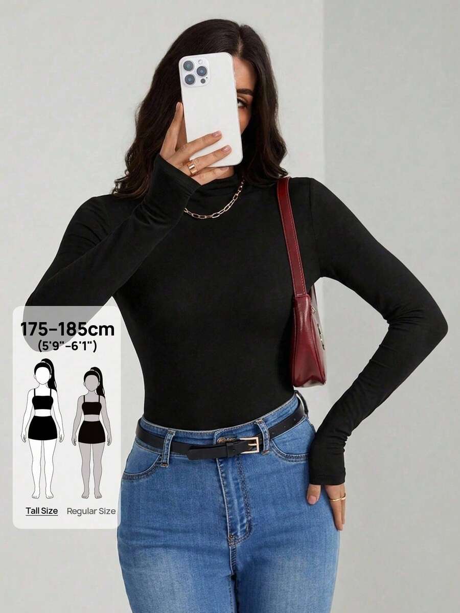 SHEIN Tall Women's Black Solid-Color Comfortable Knit Long-Sleeve Simple Pleated Fitted Jumpsuit - Black - View 1