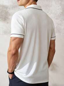 TONEVAULT Men's Casual Button Half Placket Ribbed Short Sleeve Contrast Color T-Shirt - White - View 2