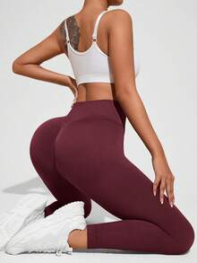 Easithlete Easithlete 女款純色高腰提臀修身無縫運動緊身褲，適用健身房、單車、皮拉提斯 - 酒紅色 - 查看 5