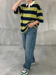 Livesso 女款大尺碼拼色拼接寬鬆條紋 Polo 領中袖休閒夏季 T-shirt - Limelight Green - 查看 4